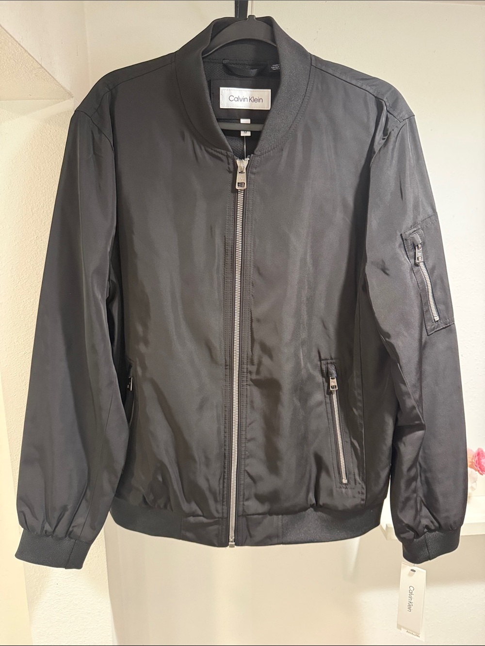 Calvin Klein Men's Black Bomber Jacket with Zip Pockets